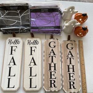 Fall Thanksgiving And Halloween Decor, Signs Tablecloths NWOT